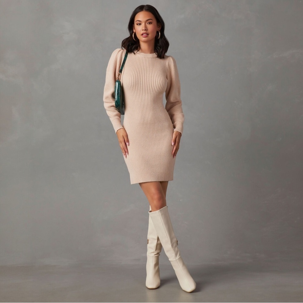 🌻VICI Sanori Cream Long Sleeve Ribbed Knit Sweater Mini Dress Size XS